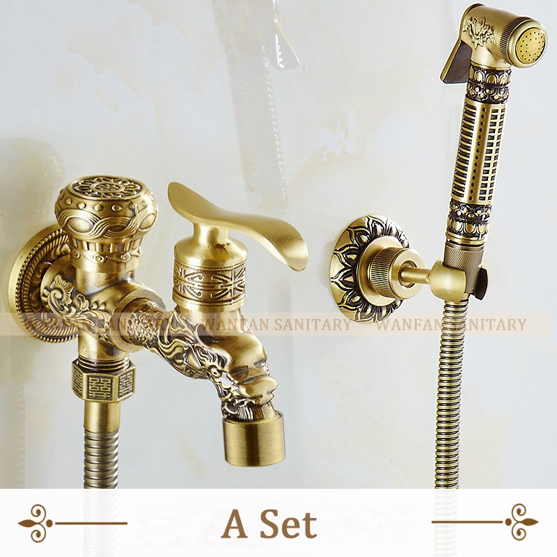 Bidet Faucets Antique Brass Wall Mounted Bathroom Hygienic Shower Sprayer Water Faucet Airbrush Toilet Washing Machine Tap WF556