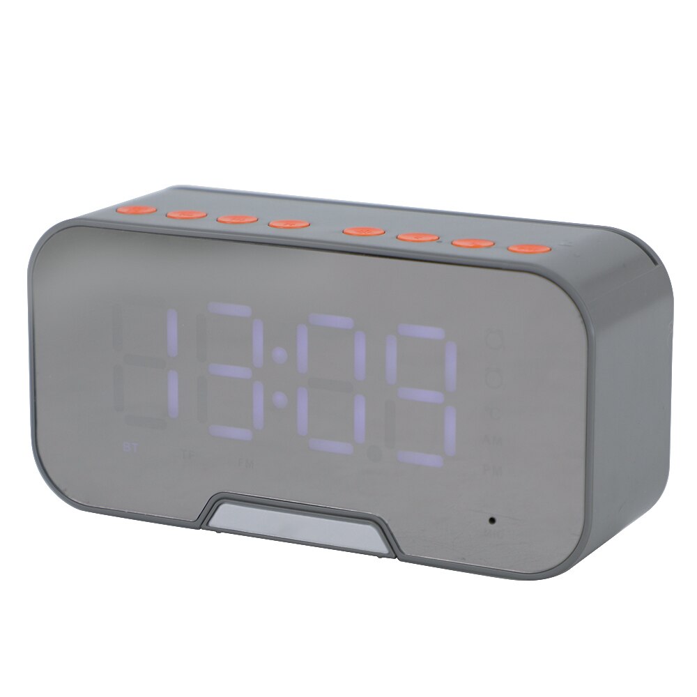 Bluetooth Speaker Met Fm Radio Led Spiegel Wekker Subwoofer Muziekspeler Snooze Desktop Klok Draadloze: Silver gray