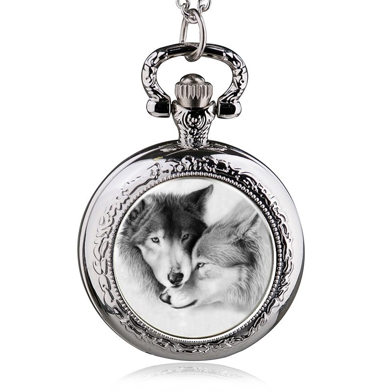 Topmerk roestvrij staal quartz zakhorloge paar wolft fob ketting horloge mannen vrouwen beste  hb958-21