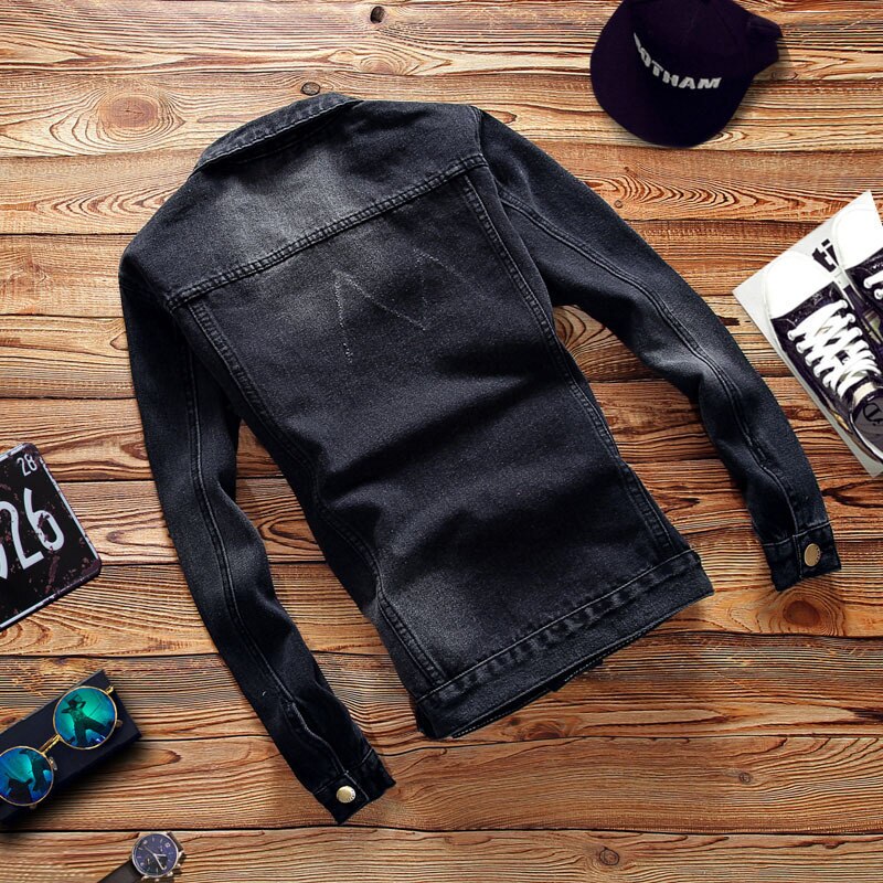 Teen trophy denim jacket, black double bag solid lapel jacket