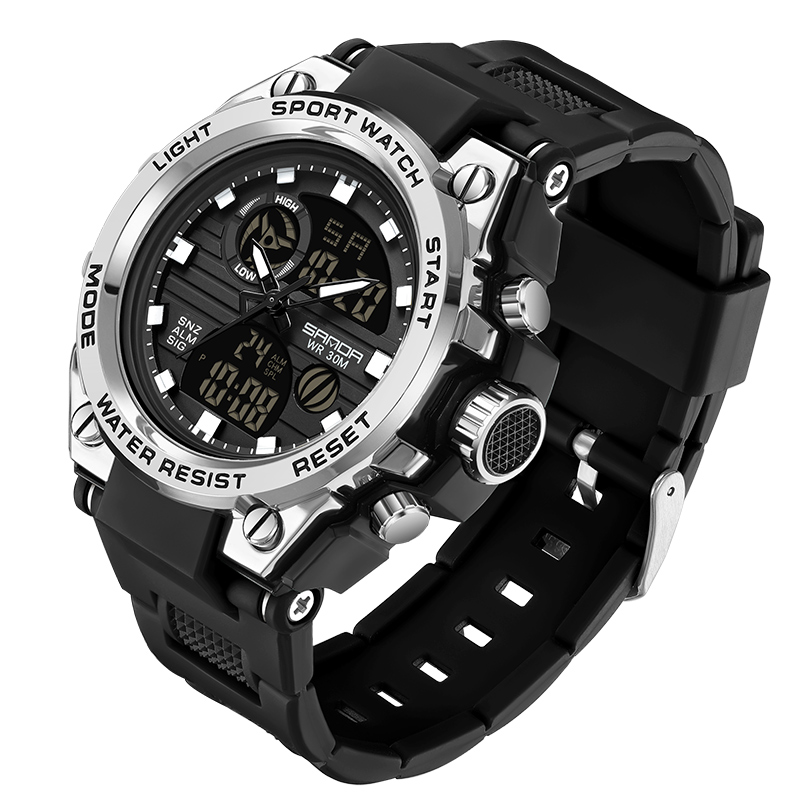 Reloj electrónico SANDA 739 para hombre, cronómetro de cuenta regresiva doble de lujo, resistente al agua, deportivo, Digital, luminoso, batería Original japonesa: Plata