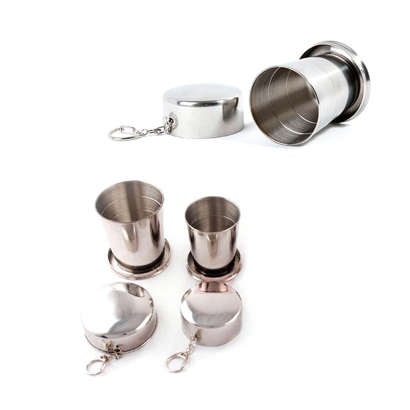 60ml 150ml 250ml ruostumattomasta teräksestä valmistettu retkikuppi, kannettava ulkomatka, irrotettava kokoontaitettava kuppi avaimenperällä