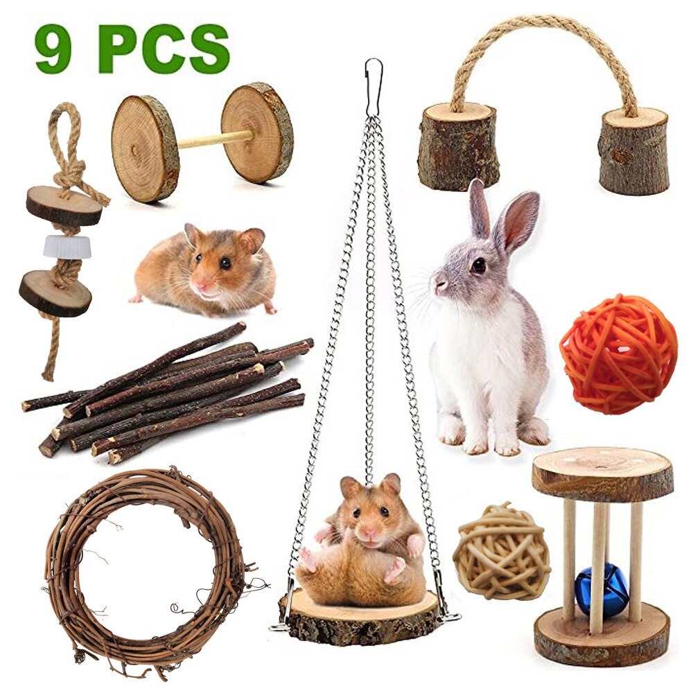 Cute Natural Wooden Rabbits Toys Pine Dumbells Unicycle Bell Roller Chew Toys For Guinea Pigs Rat Small Pet Molars Supplies: 9pcs