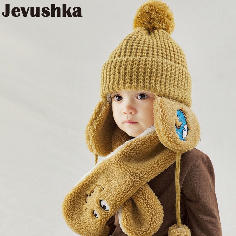 Set van 2 winterse babymutsen, sjaals en mutsen met pompons voor kinderen, voor meisjes en jongens, met fleecevoering en mutsen voor kinderen.