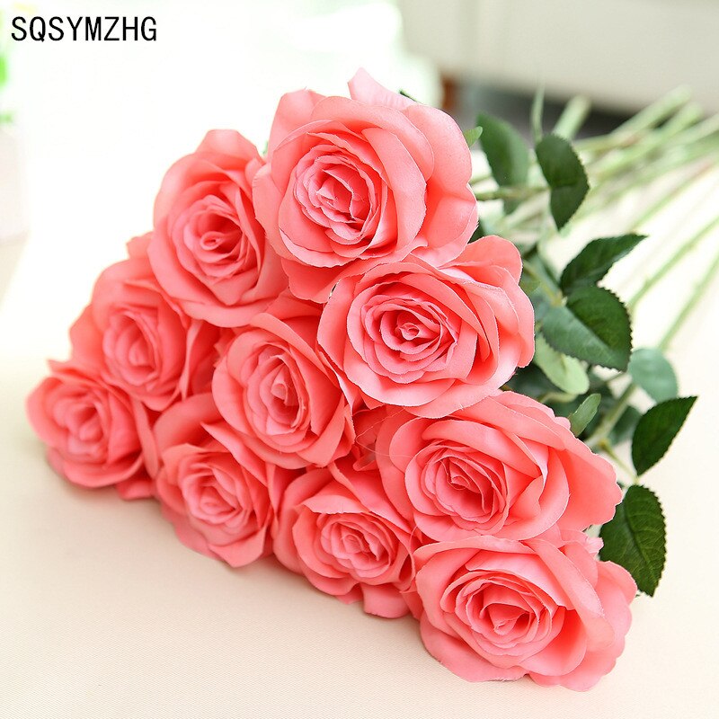 9 stk. grenstamme latex rose hånd føler filt simulation dekorativ kunstig silikone rose blomster hjem bryllup