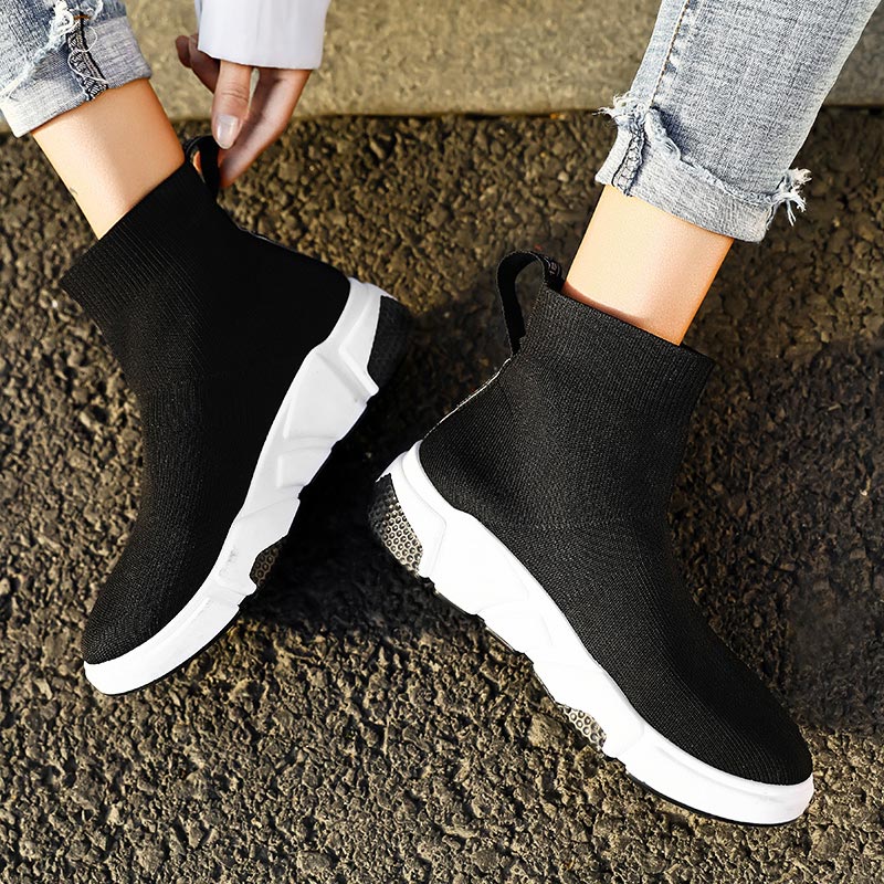 High Top Slip on Women's Running Shoes Women's High Sports Shoes Sport Sneakers High-level Sneakers Socks Female Black Gym E-466