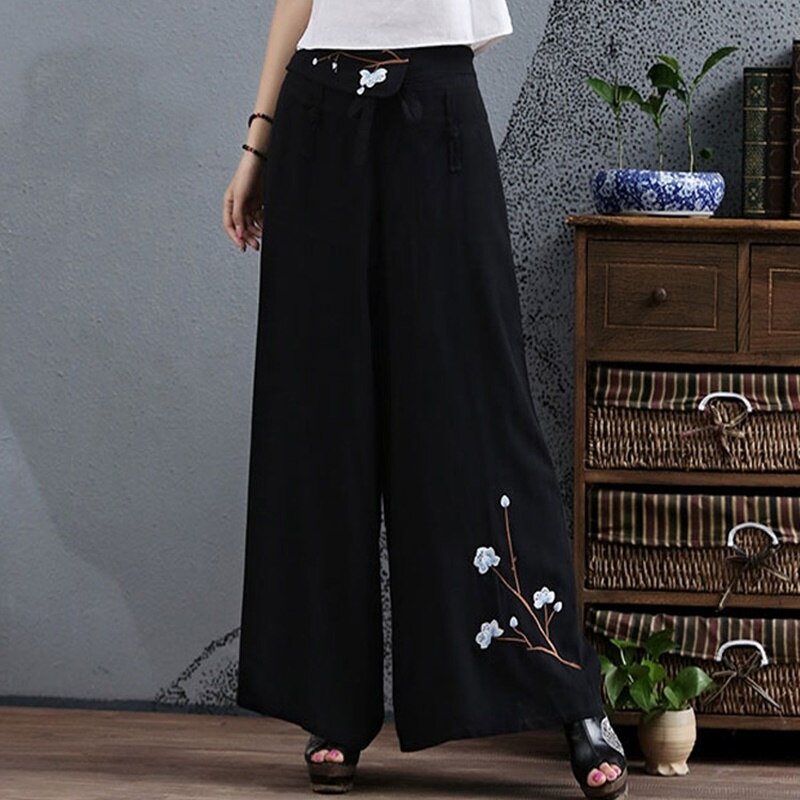Pantalones étnicos para mujer, pantalón chino tradicional, Falda bordada, Vintage, holgado, informal, de pierna ancha, TA1415,