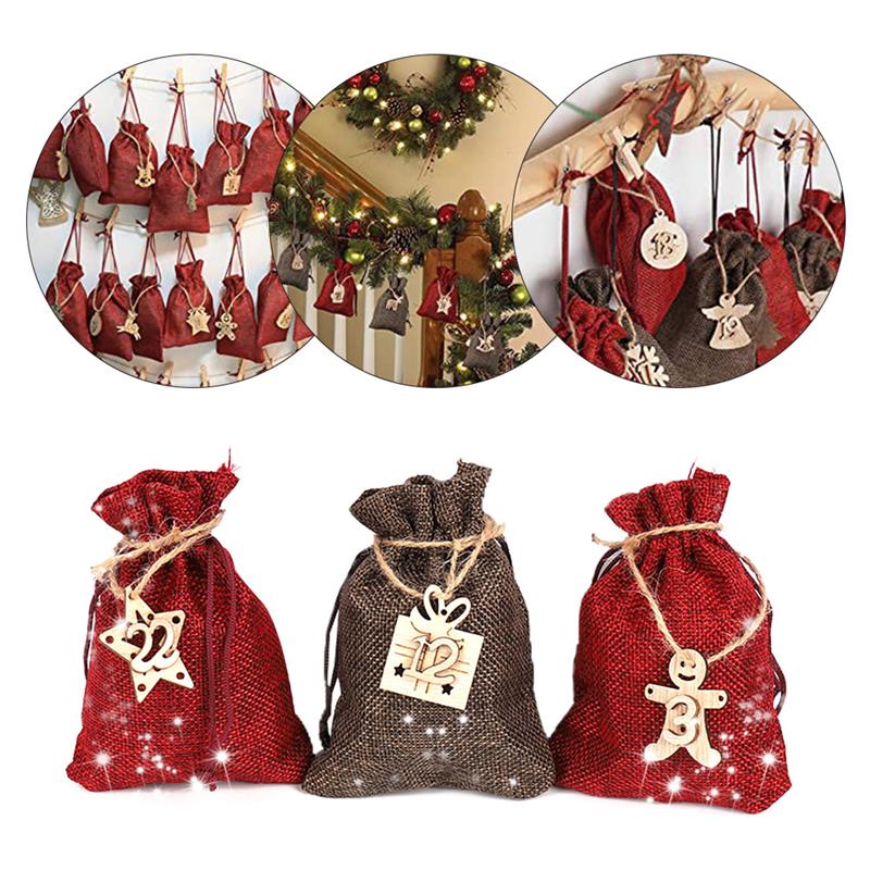 Christmas Calendar Bag Environmentally-Friendly 24 Advent Calendar Burlap Bag, Durable Hanging Drawstring Bag
