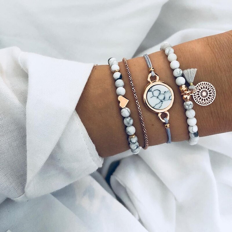 5 teile/satz Böhmen Hülse Mond Charme Armbinde einstellen Für Frauen Herz Geometrische Schwarz Perlen Kette Armreif Mädchen Schmuck: Schwarzes verzinktes