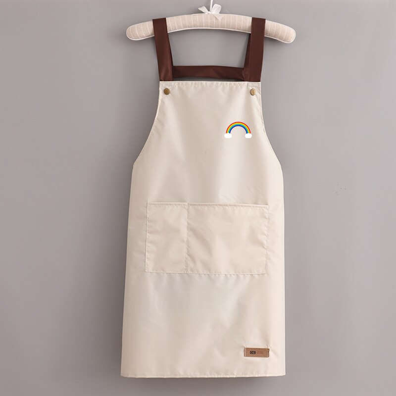 Waterproof Aprons Women Kitchen Accessories Simple Men Apron Strap Waist Thin Work Clothes With 2 Pockets Cartoon Long Smock: white rainbow