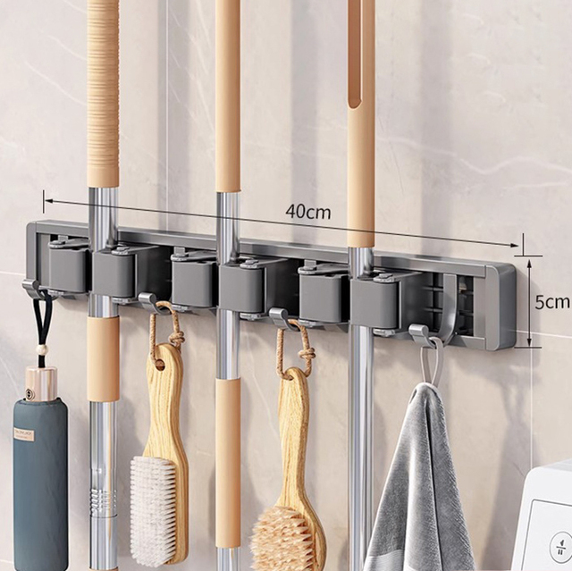 Mop en Bezem Organizer Mop Houder Rack Mop Houder Wandmontage Sterke Bezem Mop Houder Zelf Met 5-Haken Organisatoren Hang Bezem: Blauw