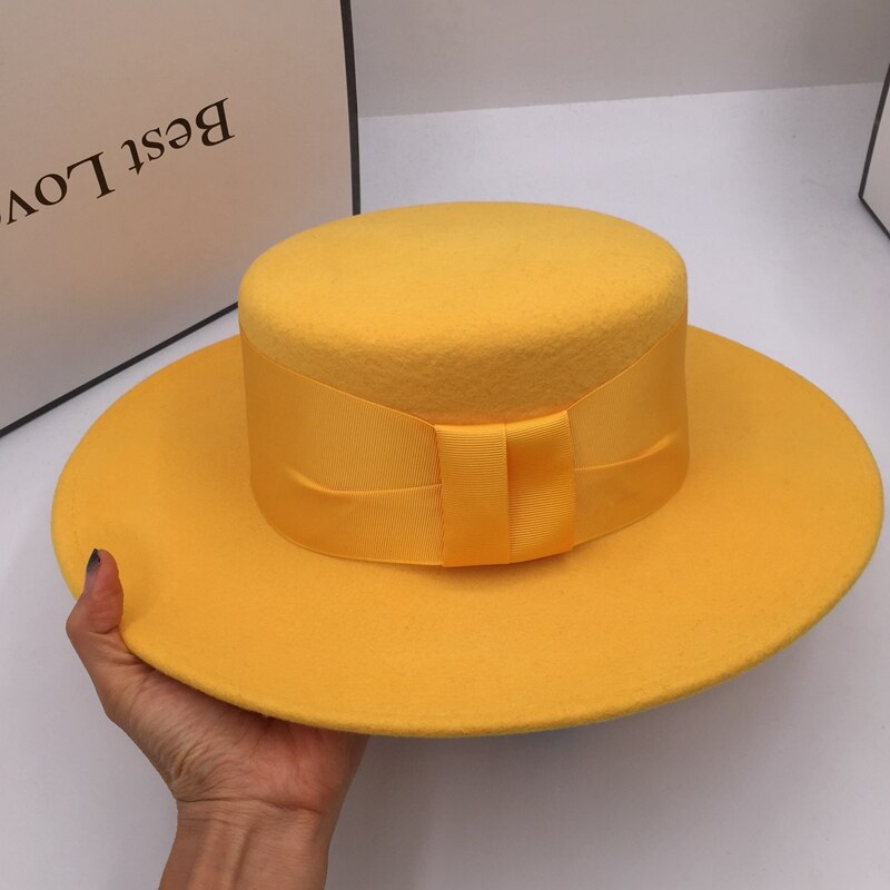 Fedoras invierno nueva lana ala ancha y plana a lo largo de los sombreros amarillos para mujer