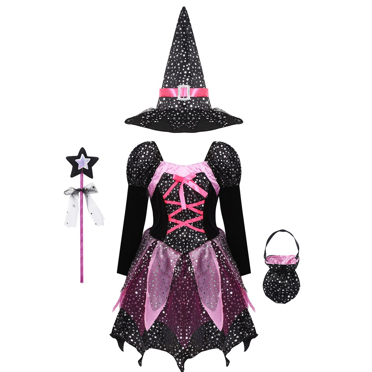 Robe en Tulle pour enfants, tenue de Costume pour filles, manches longues, étoiles argentées scintillantes, robe imprimée avec chapeau pointu, baguette, ensemble de sacs à bonbons: 150
