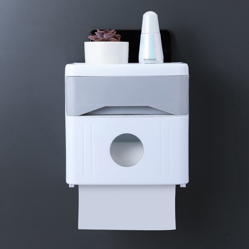 Wall Mounted Tissue Box Double-layer Push-opening Toilet Paper Holder With Drawer Mobile Phone Rack Home Improvement: Red