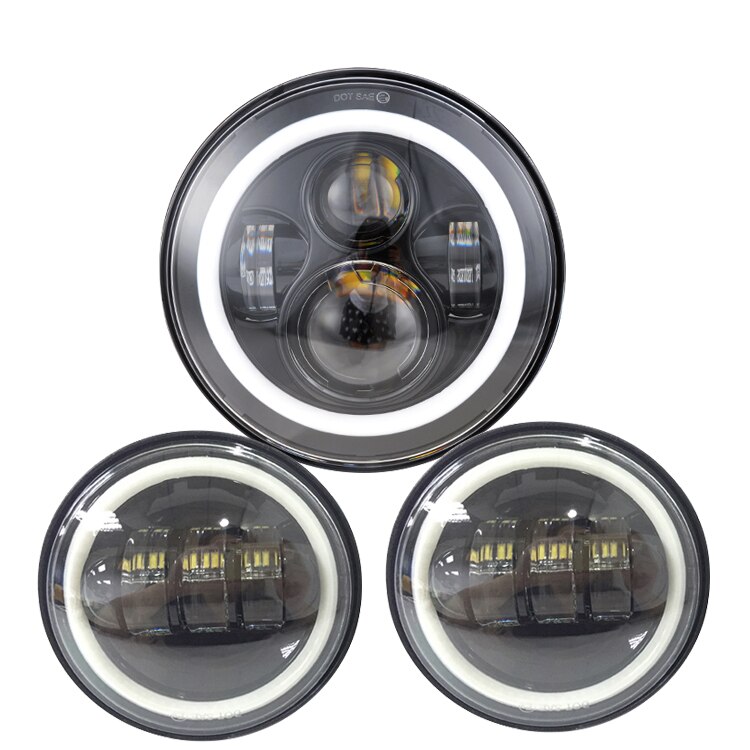 7Inch Ronde Led Koplampen + 4.5Inch Fog Passeren Lichten En Adapter Ring Voor Harley Touring Electra Glide Road king Street Glide: Black Halo SetA
