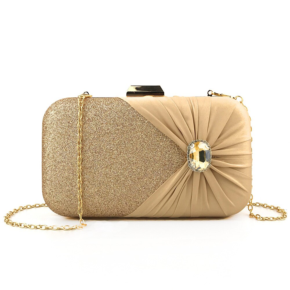 Damer tidevand stil middag taske håndlavet silke fold kjole taske med diamant banket kobling: Guld