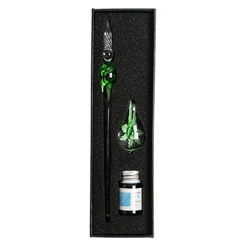 1 Set Glass Dip Pen with Ink Floral Glossy Fountain Pen Kit Smooth Writing Threaded Nib Crystal Ink Pen Set перо для письма 글라스펜: 3 Green