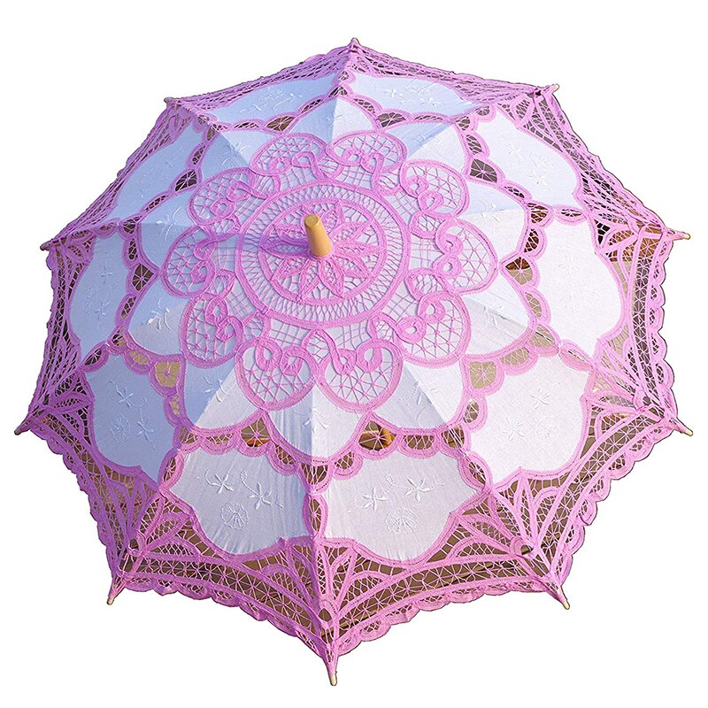 Borduren Lace Bridal Paraplu Parasol Zwart Rood Wit Katoen Zonnescherm Voor Bruid Houten Handvat Bruiloft Decoratie Paraplu: Roze