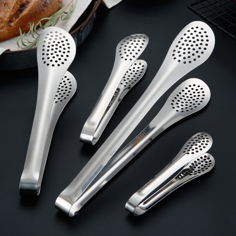 Pinzas de acero inoxidable para alimentos, tenacillas gruesas y porosas para drenaje de aceite, barbacoa, carne, ensalada, pan, utensilios de cocina
