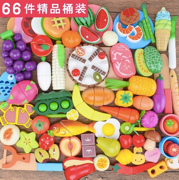 Wooden cutting fruit kitchen toy Food Toys Fruit Fish Vegetable Blocks Montessori preschool educational toy kids Birthday: 66pcs