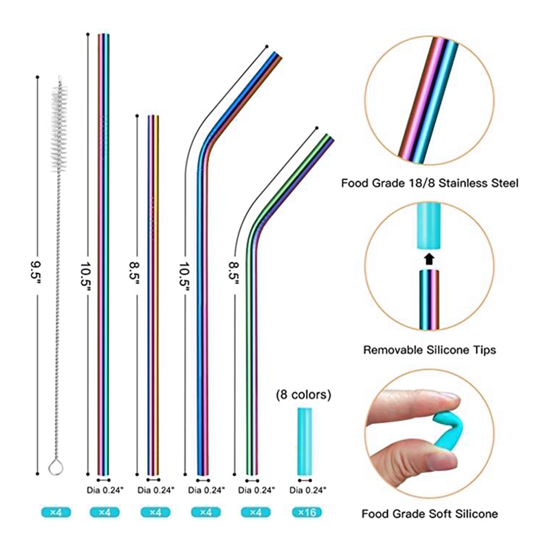 Confezione da 16 cannucce in metallo riutilizzabili colore arcobaleno con cannucce lunghe in acciaio inossidabile colorate con punta in silicone