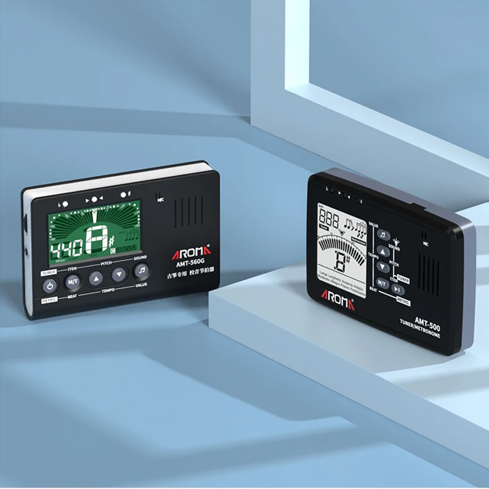 Aroma AMT-560 afinador de guitarra eléctrica y metrónomo micrófono incorporado con Cable de pastilla 6,3mm para guitarra cromática bajo violín ukelele