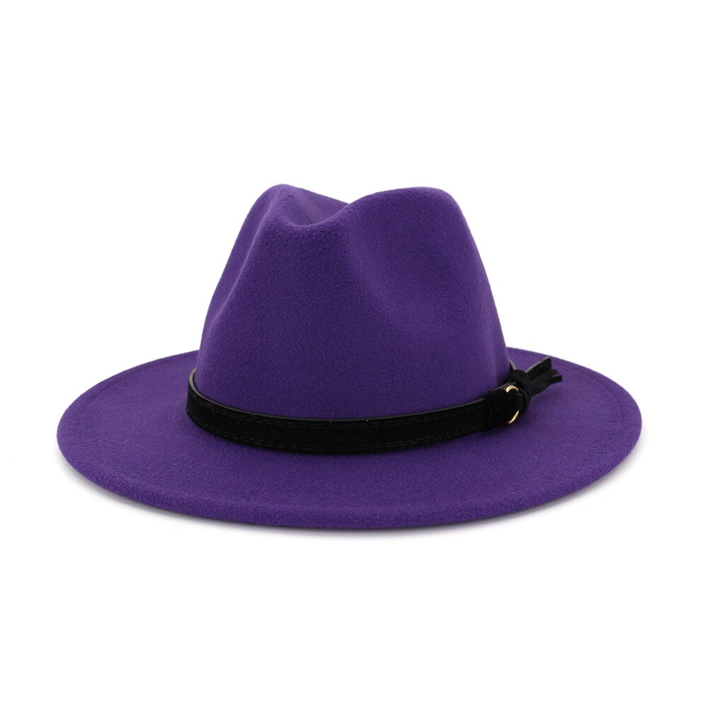 Vintage sommar bred brätte fedorahatt kvinnor lädersnöre imitation ylle jazzhatt keps chapeau för resor: 16