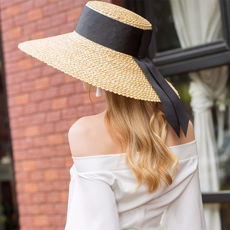 Natural Women Sun Hats Black Ribbon 9cm 13cm 15cm Flat Top Large Wide Brim Straw Hats Straw Hat Chapeu Sombrero Beach Hats