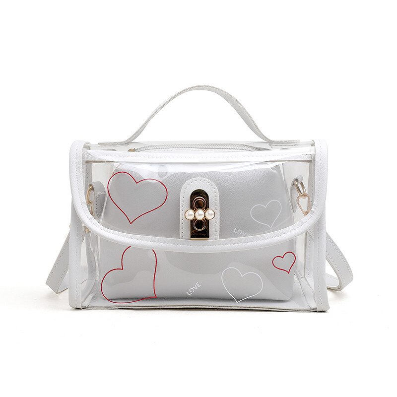 Women PVC Transparent Handbag See-through Beach Bag Clear Jelly Purse Clutch Tote PU Leather Handbag Messenger Bag: White