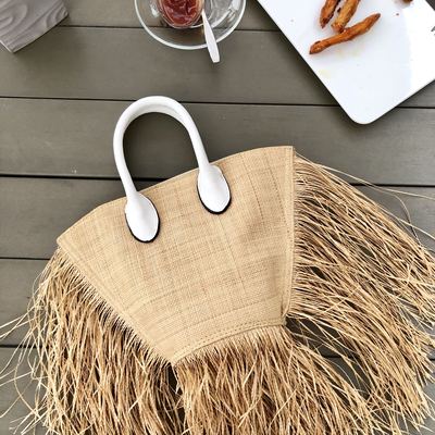 Bolso de hombro de paja con borlas tejida a mano, tejido de papel artesanal de para vacaciones, bolso de playa, novedad de