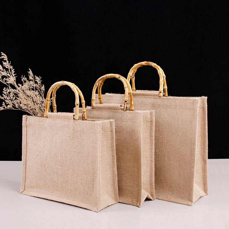 Mode Linnen Boodschappentas Jute Grof Geweven Handtas Vintage Tassen Bamboe Lus Handgrepen Retro Waterdichte Draagbare Tas