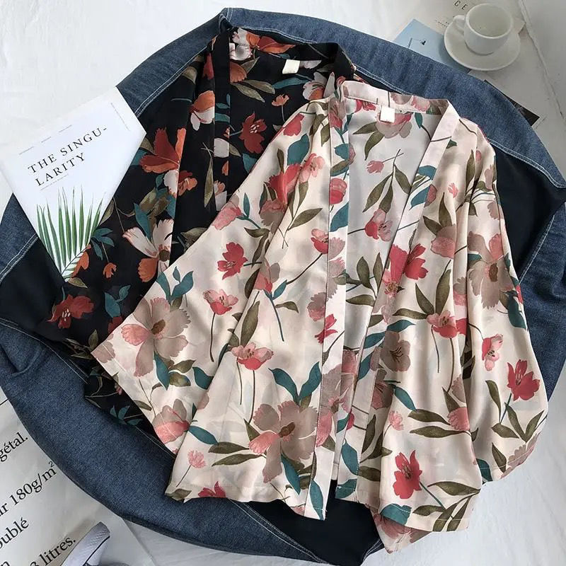 Letnie szyfonowe okrycia damskie koszule w kwiaty bluzki czeski szaliki plażowe Kimono sukienka dla kobiet strój kąpielowy