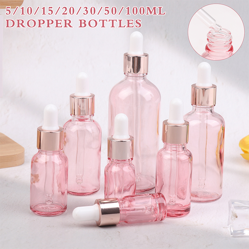 Tropfflaschen, nachfüllbar, 5–100 ml, Rosendeckel, Kosmetikbehälter, rosa Glas, Aromatherapie-Flüssigkeit für ätherische Massageöl-Pipette