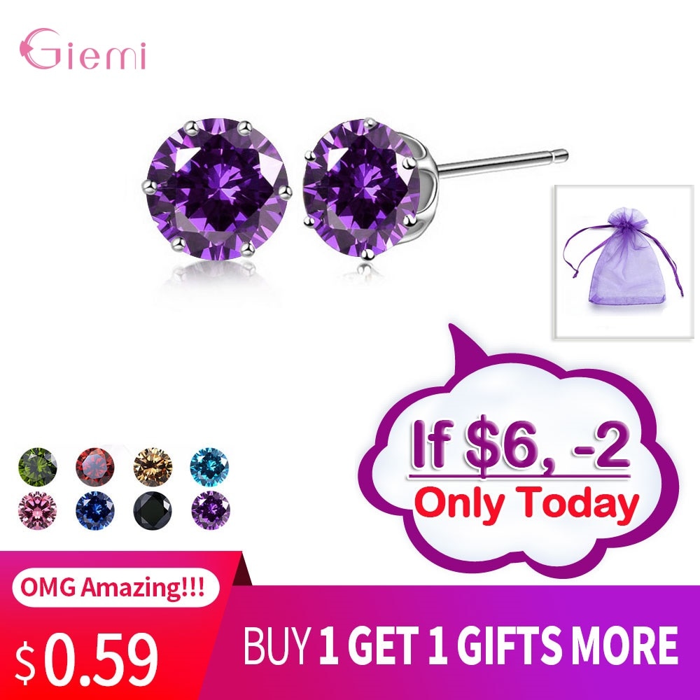 Cubic Zirconia CZ Stone 6MM Jewelry Stud Earrings 925 Sterling Silver Earrings Women 20 Colors