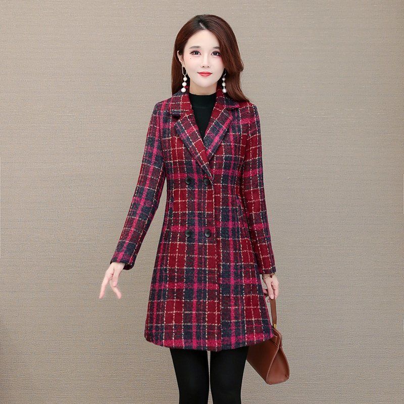 Vrouwen Wollen Jas Mid-Lengte Dubbele-Breasted Slim Plaid Jas Herfst Blended Tweed Wollen Doek bovenkleding Vrouwelijke