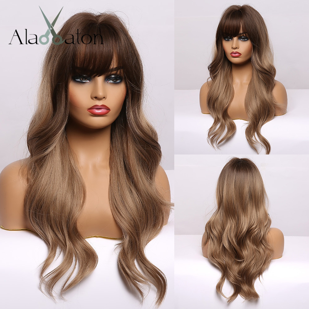 ALAN EATON Ombre Black Brown Long Wave Synthetic Wigs with Full Bangs For Black Women Heat Resistant Fibre Cosplay Party Daily