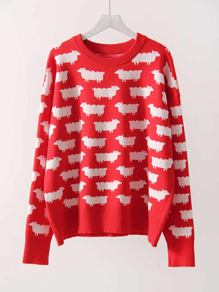 Høstlig søt posete genser med trykk til dame varm o-hals overdimensjonert gensere strikkede røde løse gensere dame grønn genser: Rød