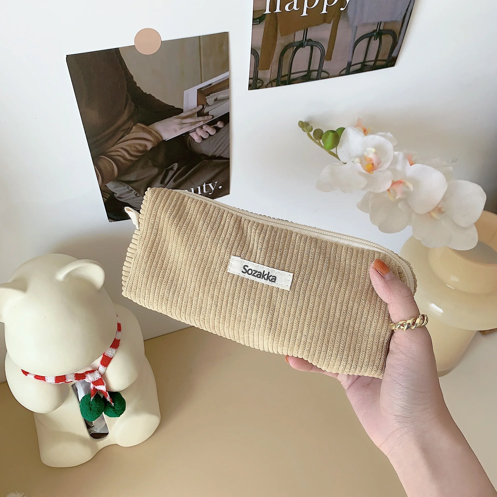 Bolsa de lápices de almacenamiento de papelería sólida, pana para estudiantes de secundaria, estuches de lápices de papelería, suministros escolares: Azul