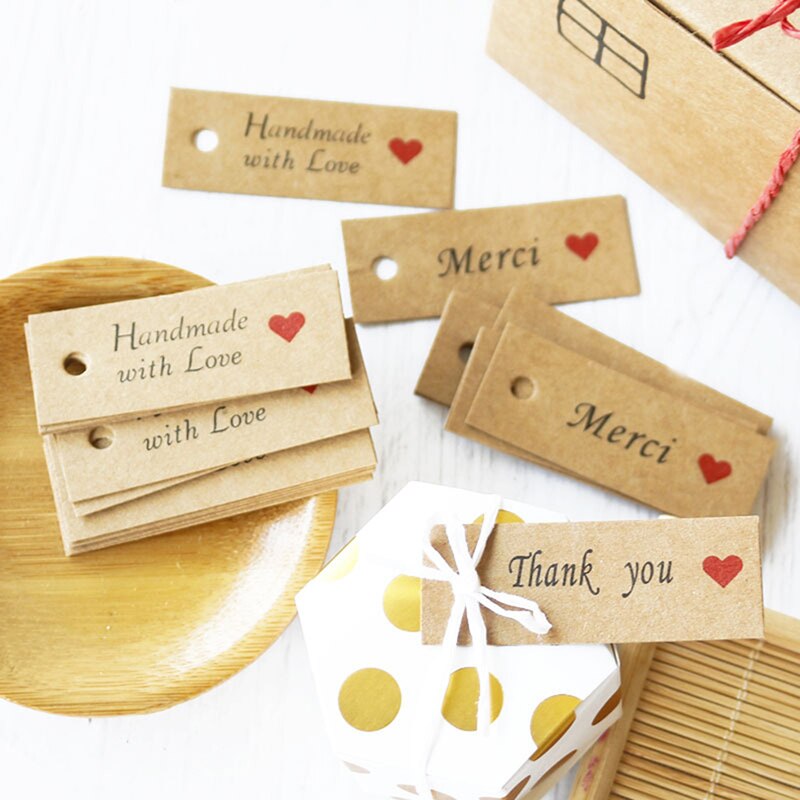 100Pcs Kraft Papier Tags Met Strings Handgemaakte Met Liefde Hang Tags Kledingstuk Tags Voor Candy/Cookies display Verpakking Label Kaart