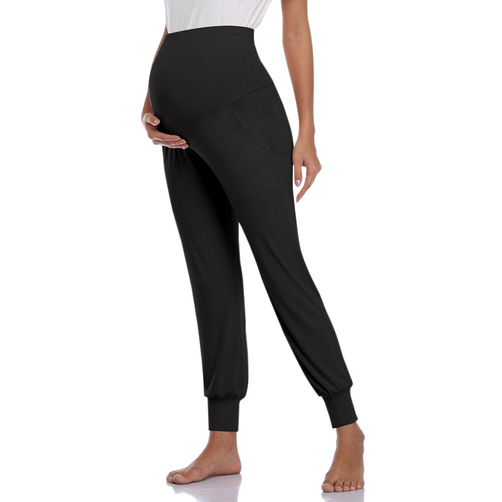 Pregnant Women Maternity Stretchy Pants with Pockets Female Cotton Solid Color High Waist Casual Comfortable Trousers: L