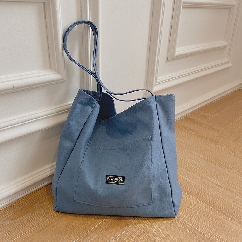 Canvas Boodschappentassen Grote Capaciteit Kruidenier Opslag Pakket Schouder Patch Dagelijkse Shopper Totes Eenvoudige Koreaanse Stijl Trendy: blue