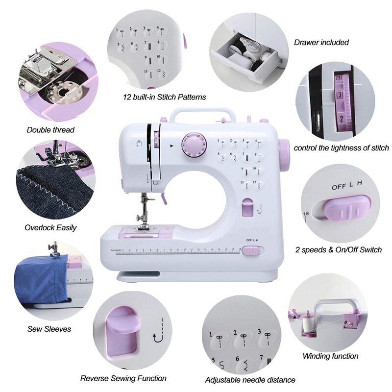 Mini 12 Stitches Sewing Machine Household Multifunction Double Thread And Speed Free-Arm Crafting Mending Machine
