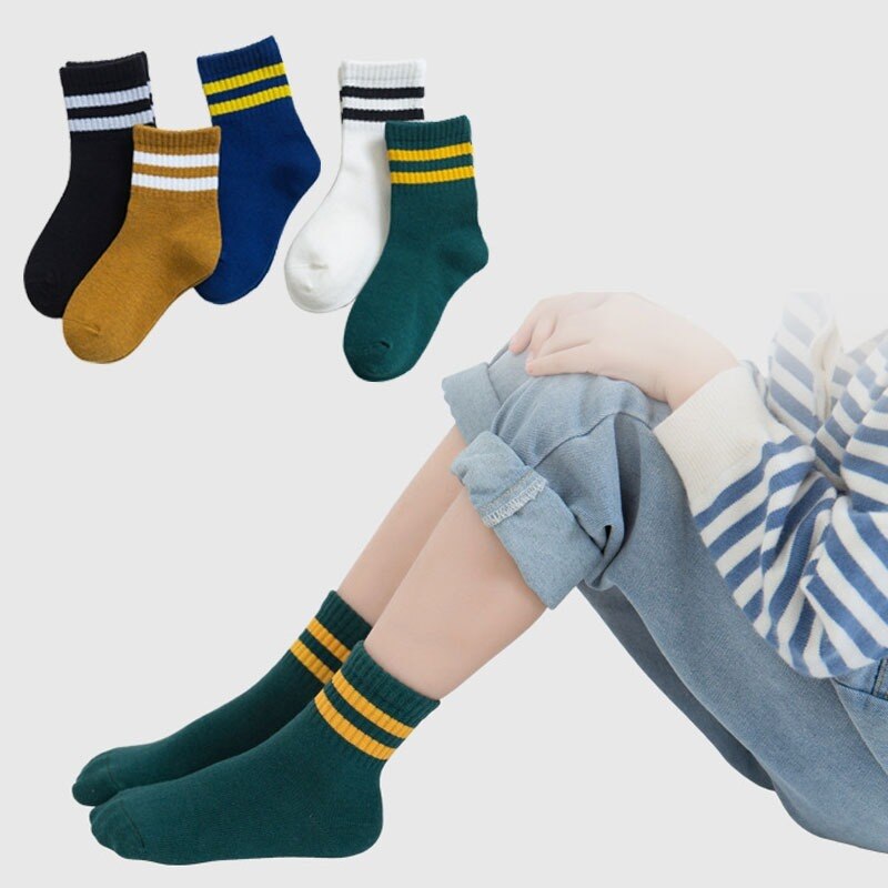 Calcetines de algodón a rayas para niño y niña, medias de tubo deportivas de Color sólido, ropa escolar suave, 5 unids/lote