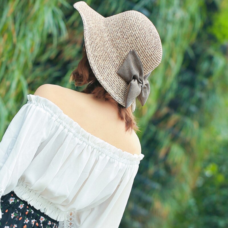 Women'S Pretty Vintage Foldable Straw Hat Large Accent Bowtie