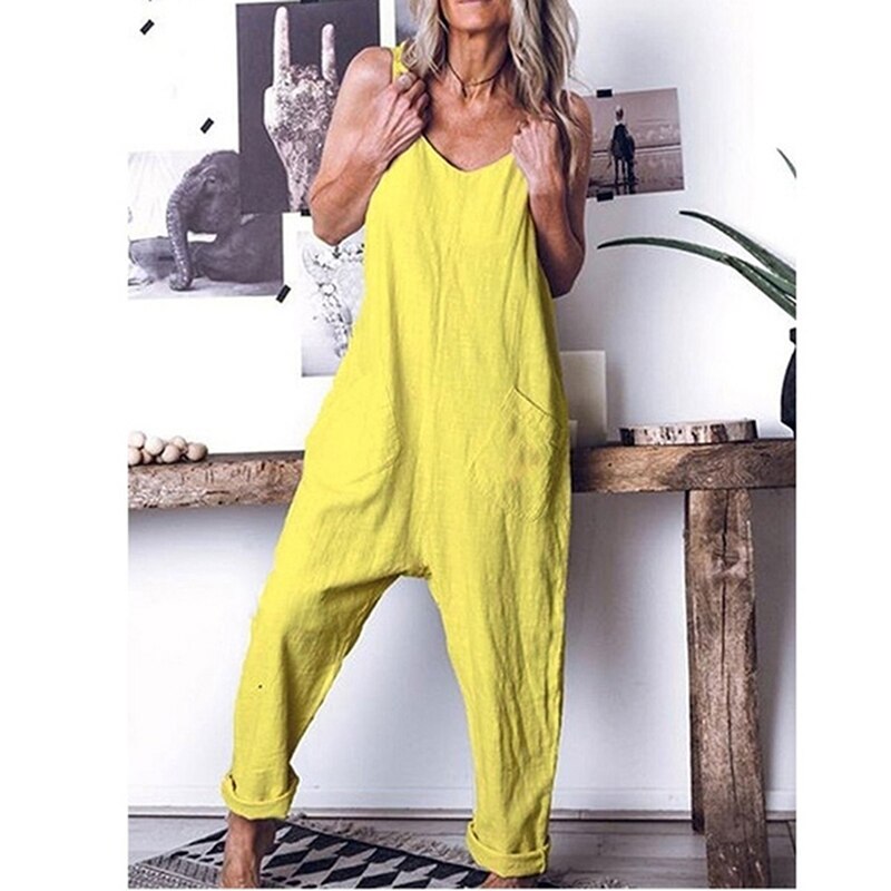 Plus Size 5XL Vrouwen Casual Spaghettibandjes Tuinbroek Vintage V-hals Losse Party Lange Harem Overalls Rompertjes Effen Jumpsuits: Yellow / L