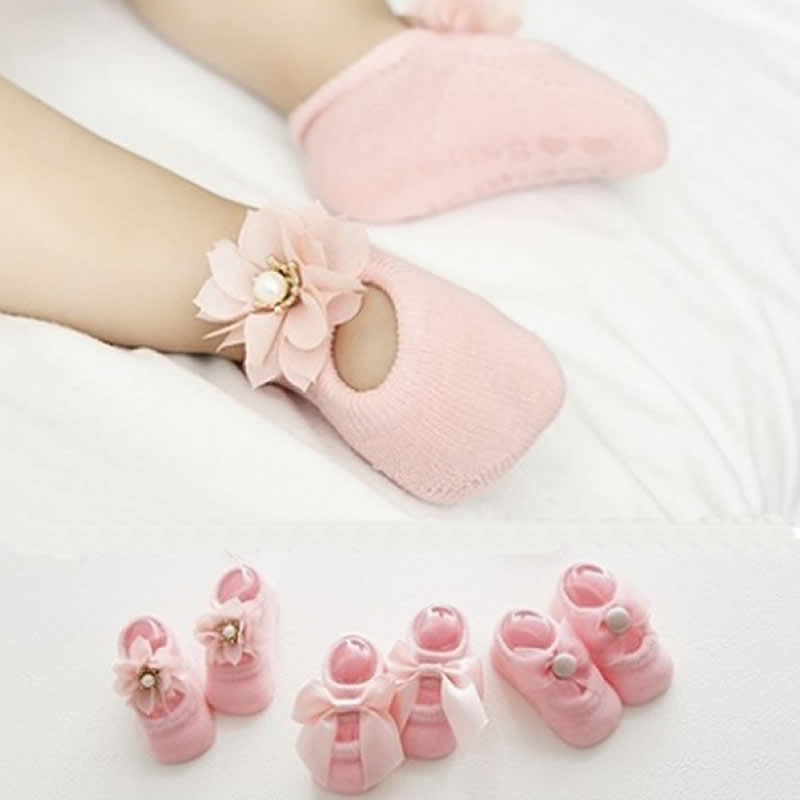 baby baby thin cotton socks floor combed cotton bud silk flowers bow antiskid ship rubber toddler baby non-slip socks point