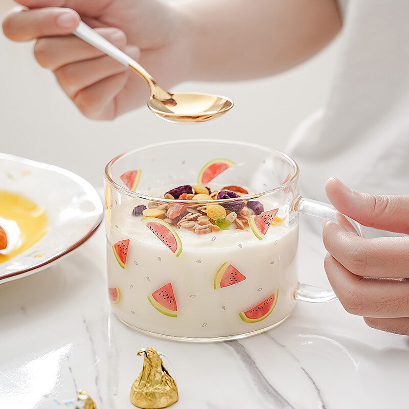 Taza de vidrio transparente con estampado de dibujos animados, vaso de café de vidrio de alto borosilicato con asa, taza de leche para desayuno y postre, 500ml, 1 unidad