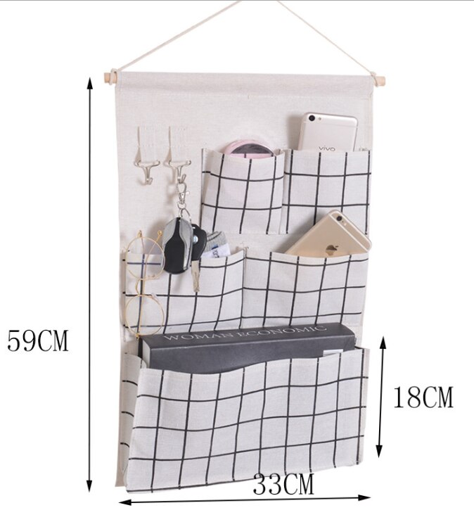 Plaid Hanging Bag Wall Closet Storage Bag with 5 Pockets and and 2 Hooks Bathroom Organizer: White
