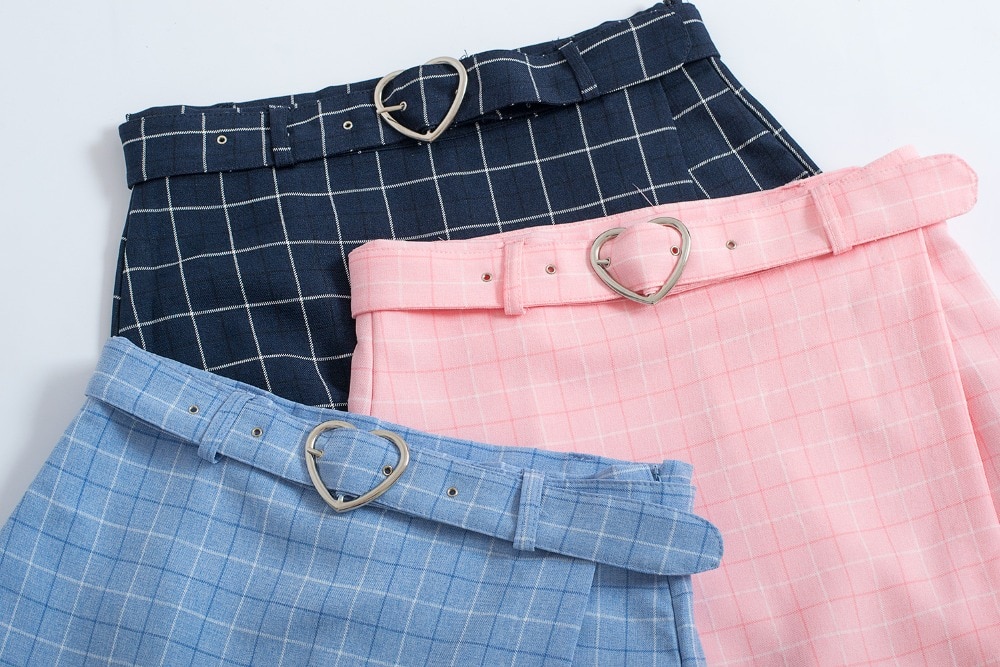 Sommer høj talje søde sashes nederdele kvinder nederdel shorts slank korean lynlås plaid pink blå preppy stil