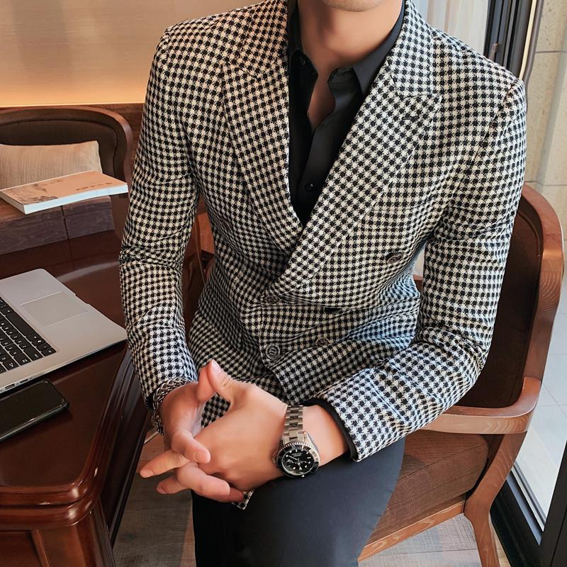 British Style Mens Slim Fit Houndstooth Blazer Men 2022 Simple Double Breasted Business Office Wedding Dress Suit Jacket